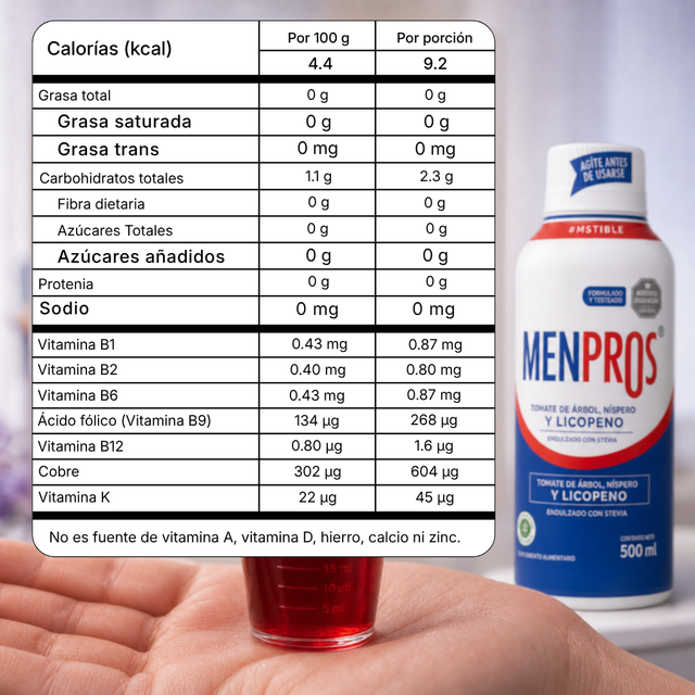 Tabla nutricional de MENPROS por 100 g y por porción, con vitaminas del complejo B, junto al frasco y una mano con la tapa dosificadora llena