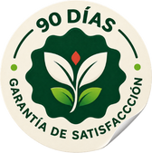 Sello de garantía de satisfacción de 90 días con una planta de hojas verdes